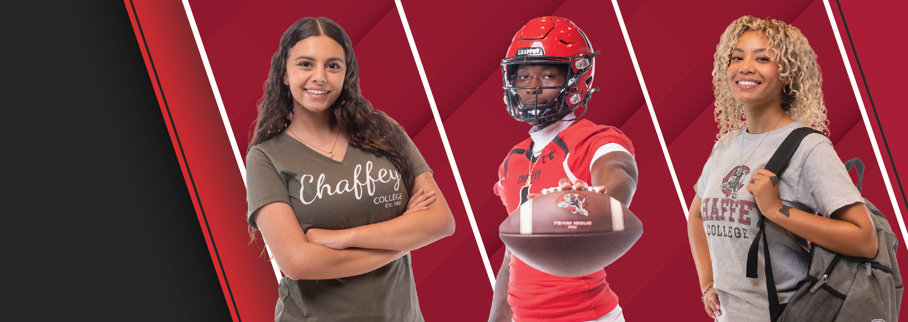 Three smiling Chaffey College students, including an athlete holding a football, against a vibrant red background. Text reads: Chaffey College Est. 1883, Chaffey College.