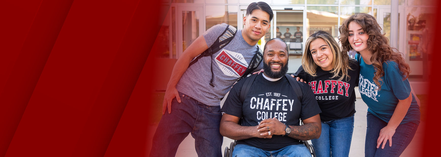 Four diverse Chaffey College students and staff, including one in a wheelchair, smile at the camera. Their shirts read CHAFFEY COLLEGE.