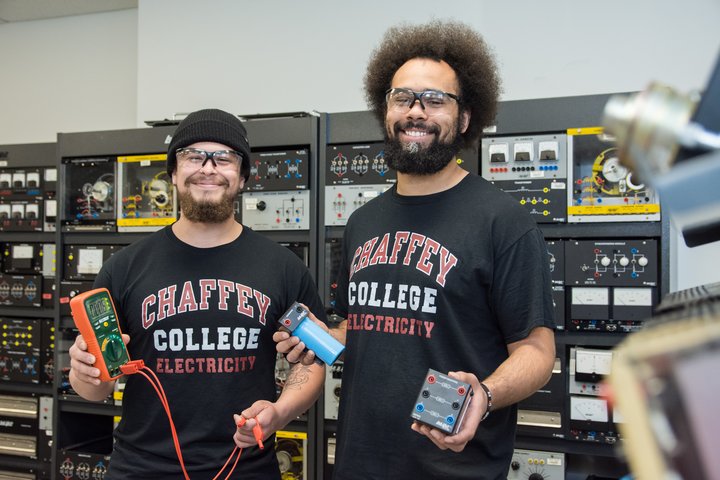 Students in the industrial electrical technology program pose with equipment.