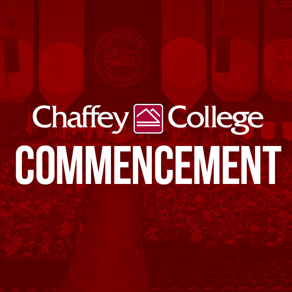 A red graphic features the Chaffey College logo and the text Chaffey College COMMENCEMENT. The background is a blurred image of a large event space.